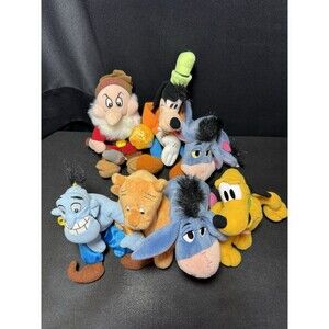 Vintage Disney Plush Bean Bag Lot of 7  Genie, Goofy, Grumpy, Pluto, Pooh Eeyore